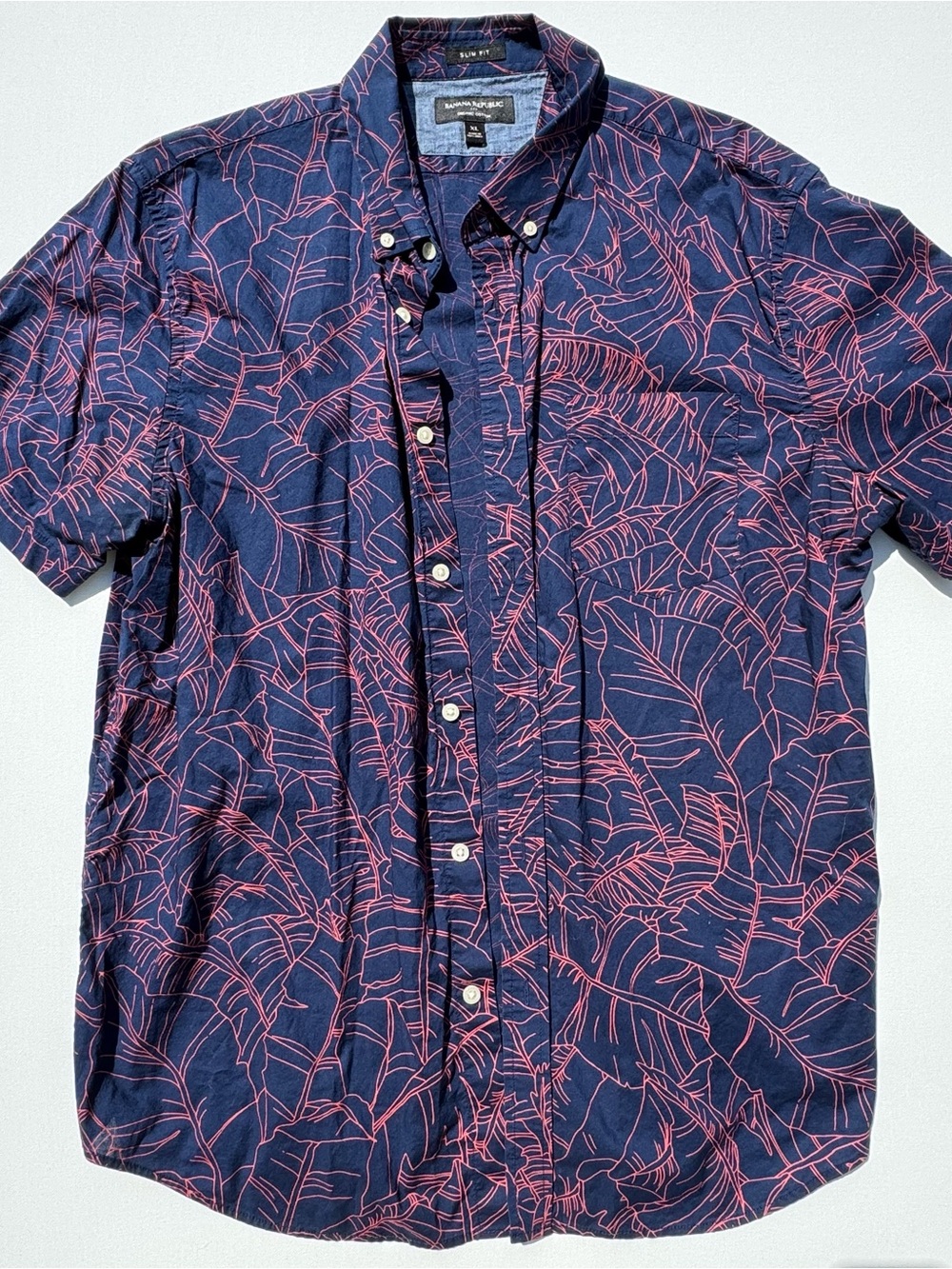Banana Republic Navy Short-Sleeve Button-Down Shirt with Pink Leaf Print